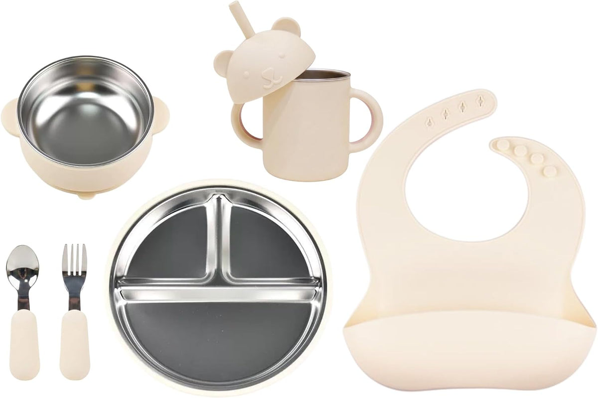 Stainless Steel Baby Feeding Set (6-Piece) – Suction Plate & Bowl, Straw Cup, Spoon, Fork & Bib – Non-Toxic, BPA-Free, Durable Set for Starting Solids, Essentials for Babies & Toddlers (Cream)