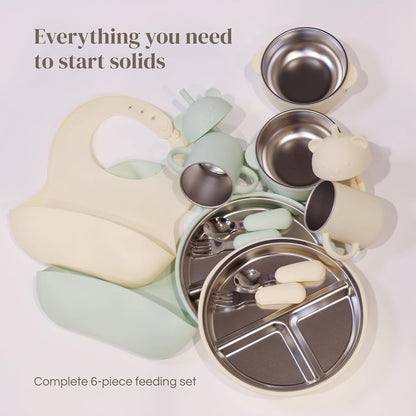 Stainless Steel Baby Feeding Set (6-Piece) – Suction Plate & Bowl, Straw Cup, Spoon, Fork & Bib – Non-Toxic, BPA-Free, Durable Set for Starting Solids, Essentials for Babies & Toddlers (Cream)