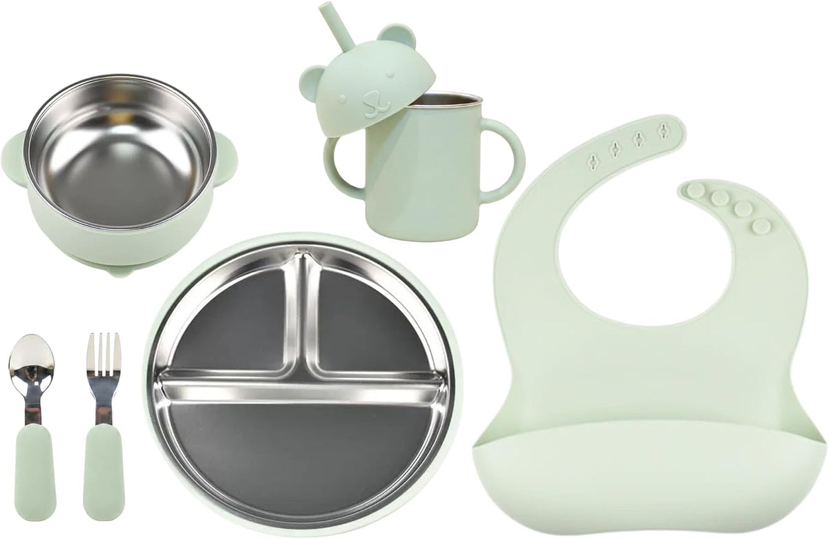 Stainless Steel Baby Feeding Set (6-Piece) – Suction Plate & Bowl, Straw Cup, Spoon, Fork & Bib – Non-Toxic, BPA-Free, Durable Set for Starting Solids, Essentials for Babies & Toddlers (Cream)