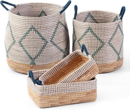 Seagrass Laundry Hamper Set with Lids, 4-Piece Handwoven Wicker Storage Baskets with Washable Liners, Includes 2 Large Hampers and 2 Shelf Bins for Bedroom Bathroom Laundry Room