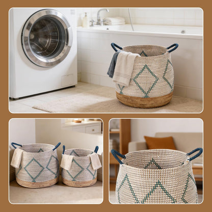 Seagrass Laundry Hamper Set with Lids, 4-Piece Handwoven Wicker Storage Baskets with Washable Liners, Includes 2 Large Hampers and 2 Shelf Bins for Bedroom Bathroom Laundry Room