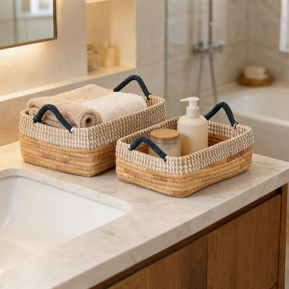 Seagrass Laundry Hamper Set with Lids, 4-Piece Handwoven Wicker Storage Baskets with Washable Liners, Includes 2 Large Hampers and 2 Shelf Bins for Bedroom Bathroom Laundry Room