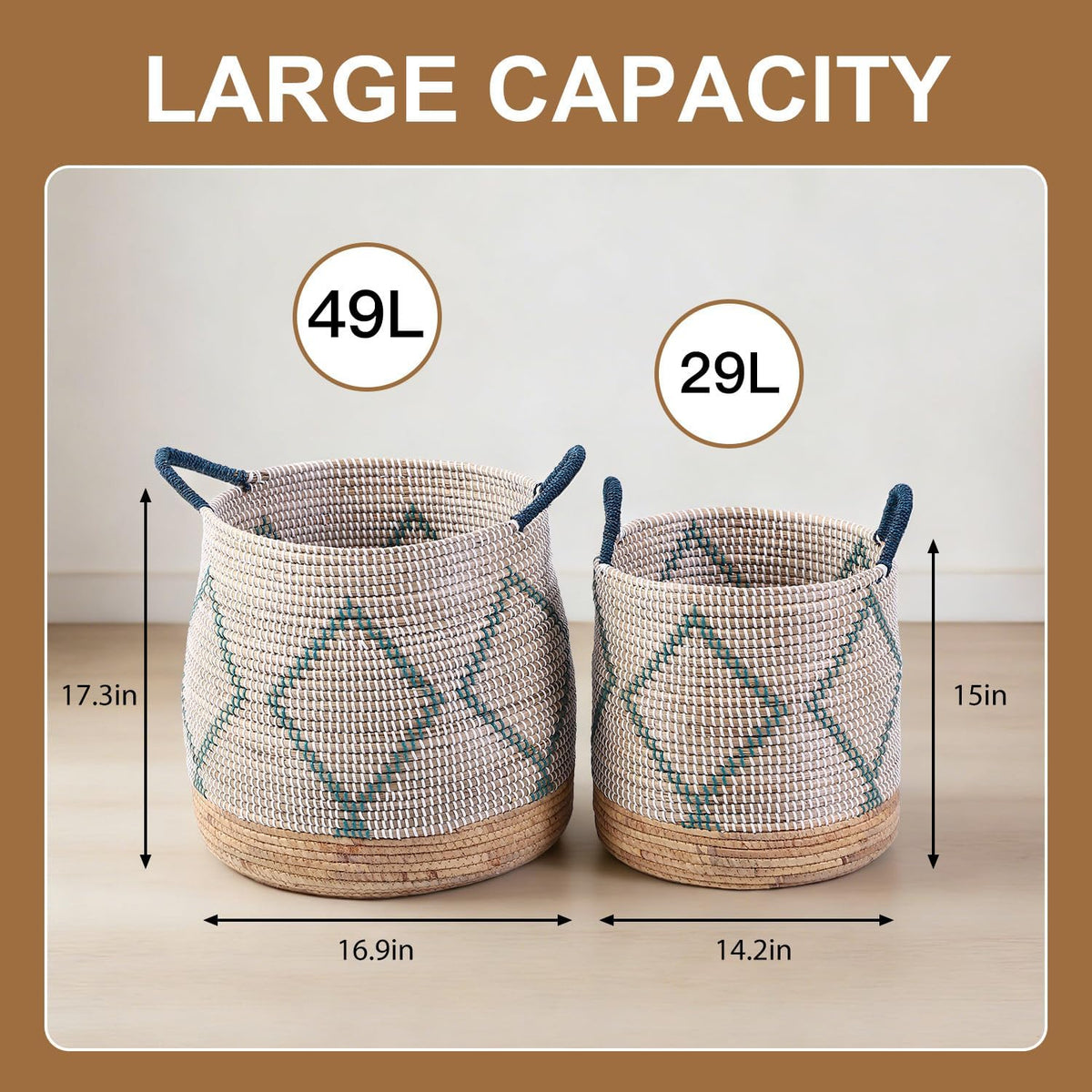Seagrass Laundry Hamper Set with Lids, 4-Piece Handwoven Wicker Storage Baskets with Washable Liners, Includes 2 Large Hampers and 2 Shelf Bins for Bedroom Bathroom Laundry Room