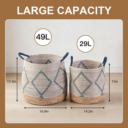 Seagrass Laundry Hamper Set with Lids, 4-Piece Handwoven Wicker Storage Baskets with Washable Liners, Includes 2 Large Hampers and 2 Shelf Bins for Bedroom Bathroom Laundry Room