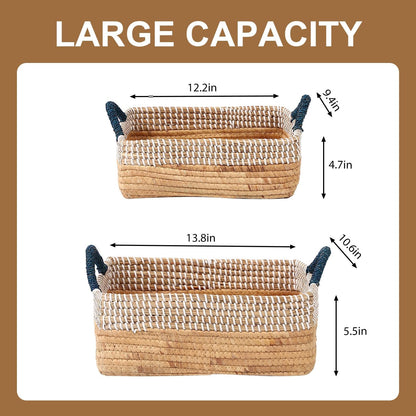 Seagrass Laundry Hamper Set with Lids, 4-Piece Handwoven Wicker Storage Baskets with Washable Liners, Includes 2 Large Hampers and 2 Shelf Bins for Bedroom Bathroom Laundry Room