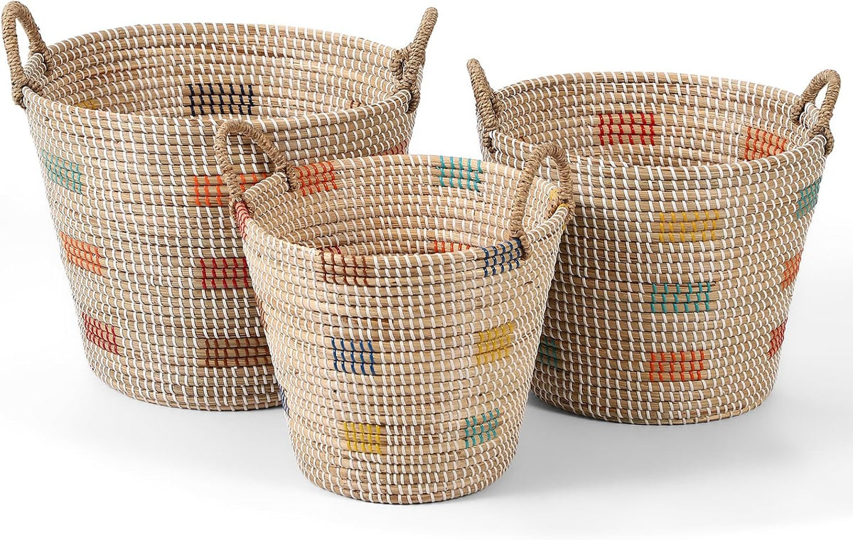 Seagrass Laundry Hamper Set with Lids, 4-Piece Handwoven Wicker Storage Baskets with Washable Liners, Includes 2 Large Hampers and 2 Shelf Bins for Bedroom Bathroom Laundry Room
