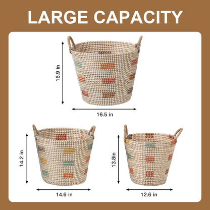 Seagrass Laundry Hamper Set with Lids, 4-Piece Handwoven Wicker Storage Baskets with Washable Liners, Includes 2 Large Hampers and 2 Shelf Bins for Bedroom Bathroom Laundry Room