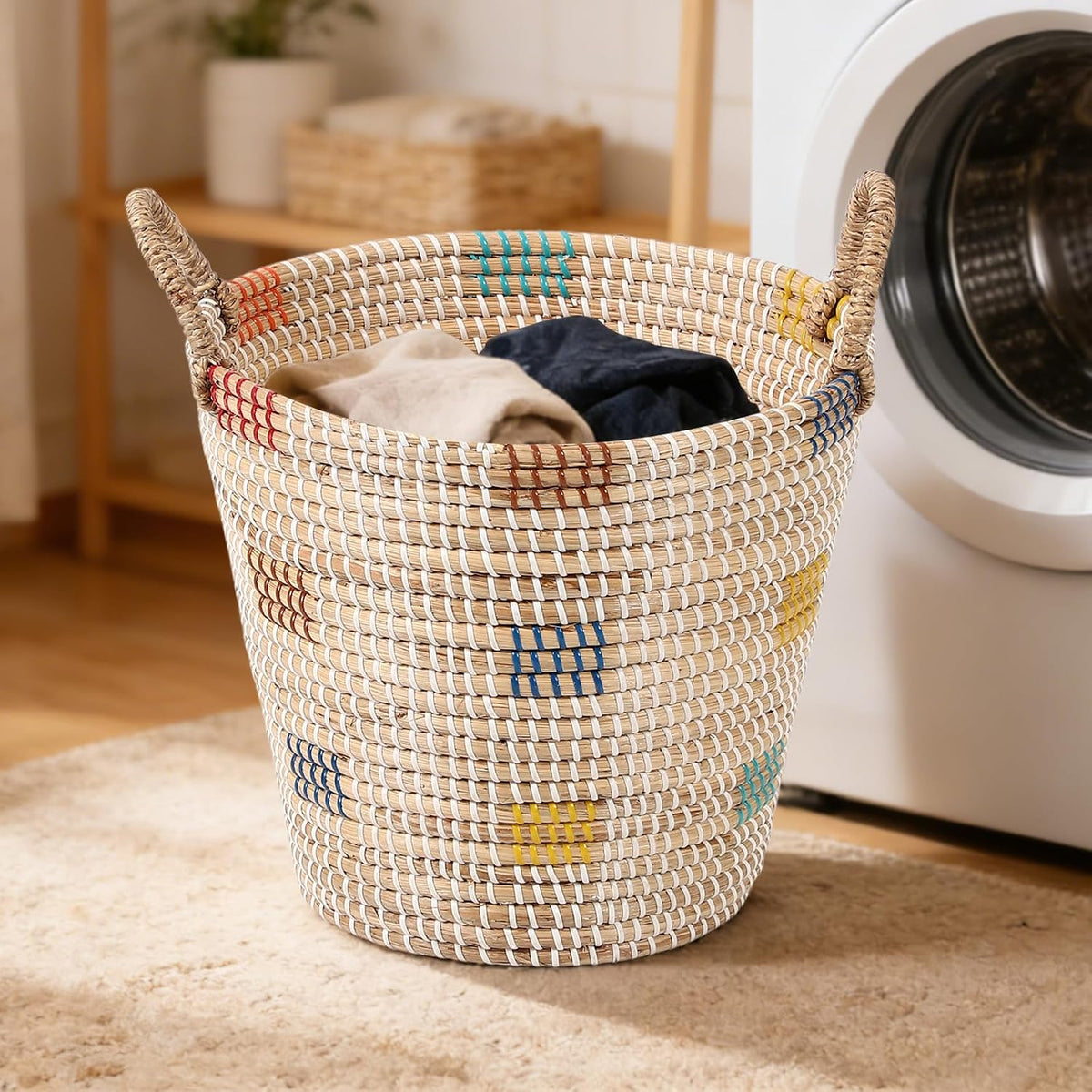 Seagrass Laundry Hamper Set with Lids, 4-Piece Handwoven Wicker Storage Baskets with Washable Liners, Includes 2 Large Hampers and 2 Shelf Bins for Bedroom Bathroom Laundry Room