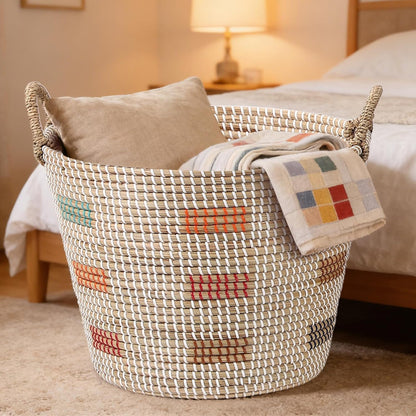 Seagrass Laundry Hamper Set with Lids, 4-Piece Handwoven Wicker Storage Baskets with Washable Liners, Includes 2 Large Hampers and 2 Shelf Bins for Bedroom Bathroom Laundry Room