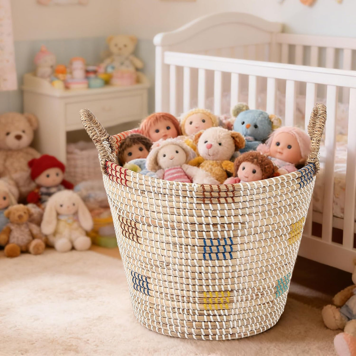 Seagrass Laundry Hamper Set with Lids, 4-Piece Handwoven Wicker Storage Baskets with Washable Liners, Includes 2 Large Hampers and 2 Shelf Bins for Bedroom Bathroom Laundry Room