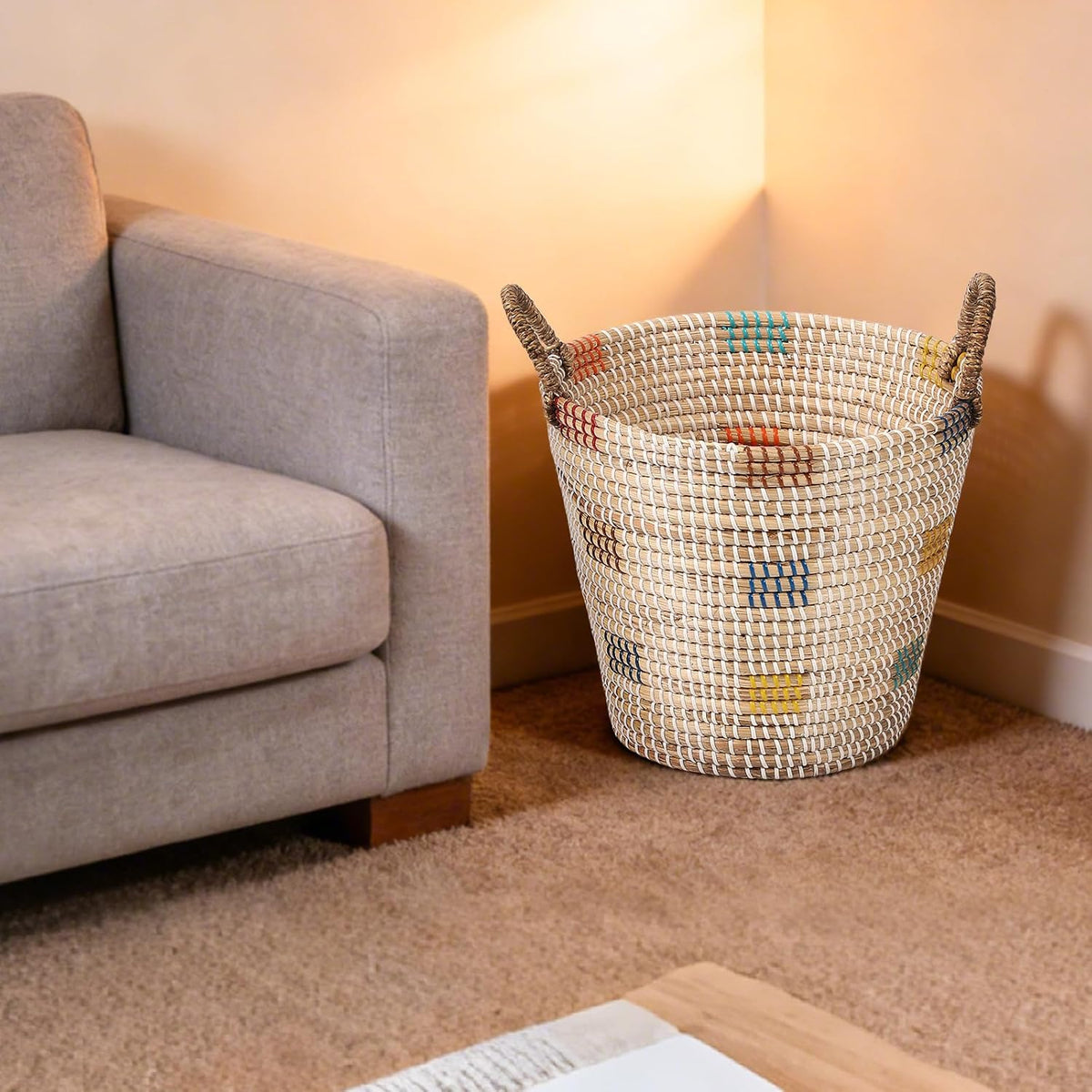 Seagrass Laundry Hamper Set with Lids, 4-Piece Handwoven Wicker Storage Baskets with Washable Liners, Includes 2 Large Hampers and 2 Shelf Bins for Bedroom Bathroom Laundry Room