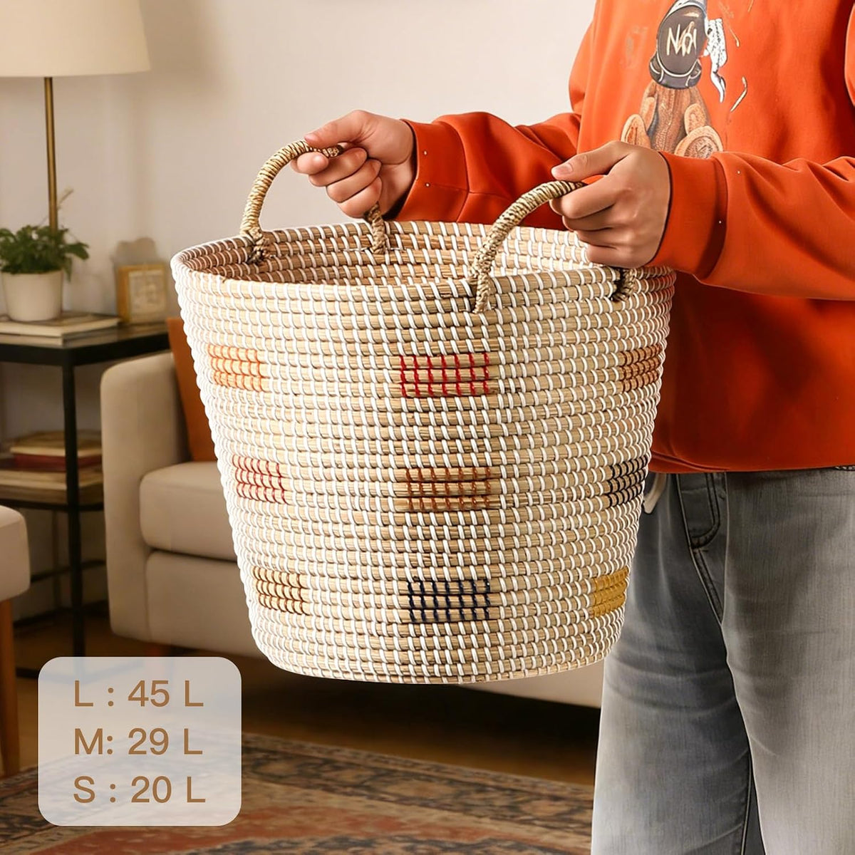 Seagrass Laundry Hamper Set with Lids, 4-Piece Handwoven Wicker Storage Baskets with Washable Liners, Includes 2 Large Hampers and 2 Shelf Bins for Bedroom Bathroom Laundry Room