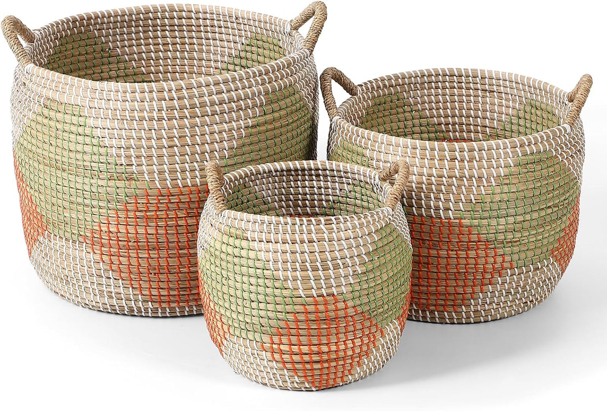 Seagrass Laundry Hamper Set with Lids, 4-Piece Handwoven Wicker Storage Baskets with Washable Liners, Includes 2 Large Hampers and 2 Shelf Bins for Bedroom Bathroom Laundry Room