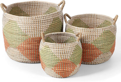 Seagrass Laundry Hamper Set with Lids, 4-Piece Handwoven Wicker Storage Baskets with Washable Liners, Includes 2 Large Hampers and 2 Shelf Bins for Bedroom Bathroom Laundry Room