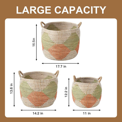 Seagrass Laundry Hamper Set with Lids, 4-Piece Handwoven Wicker Storage Baskets with Washable Liners, Includes 2 Large Hampers and 2 Shelf Bins for Bedroom Bathroom Laundry Room