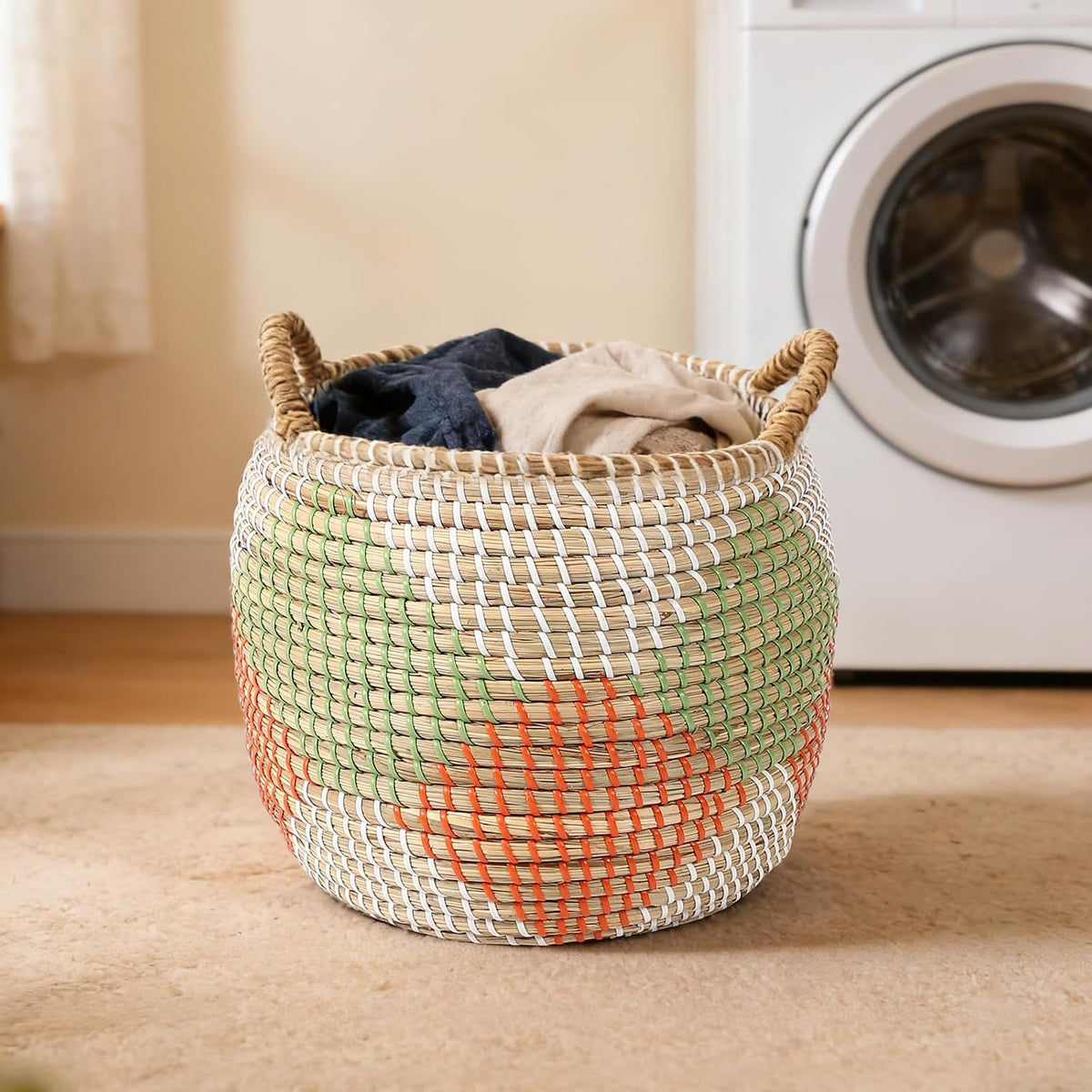 Seagrass Laundry Hamper Set with Lids, 4-Piece Handwoven Wicker Storage Baskets with Washable Liners, Includes 2 Large Hampers and 2 Shelf Bins for Bedroom Bathroom Laundry Room