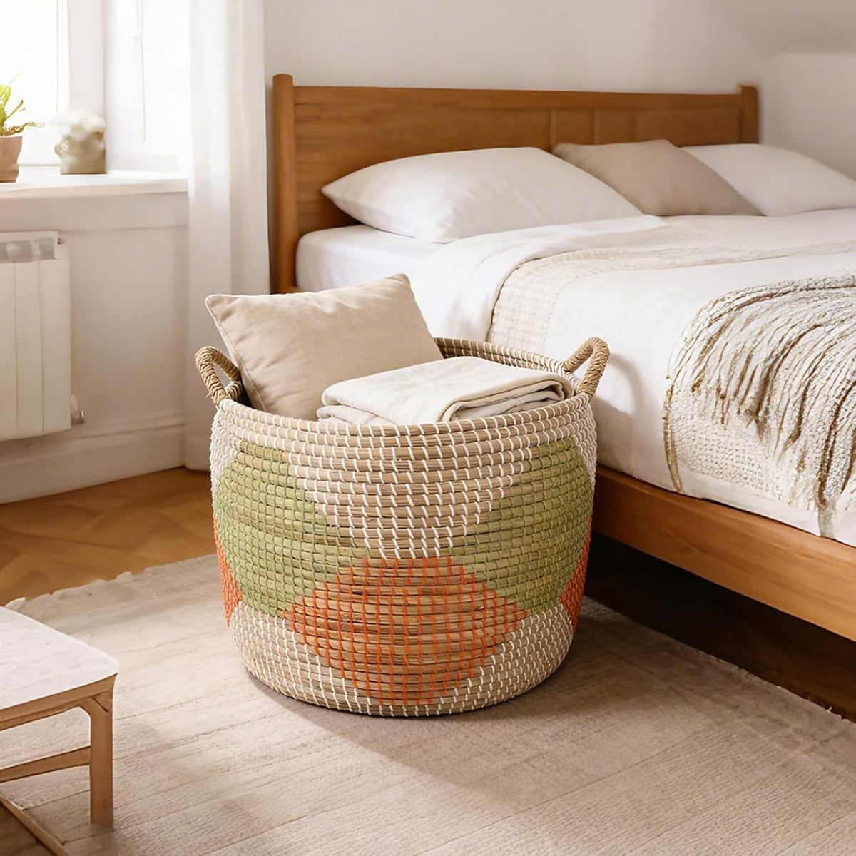 Seagrass Laundry Hamper Set with Lids, 4-Piece Handwoven Wicker Storage Baskets with Washable Liners, Includes 2 Large Hampers and 2 Shelf Bins for Bedroom Bathroom Laundry Room