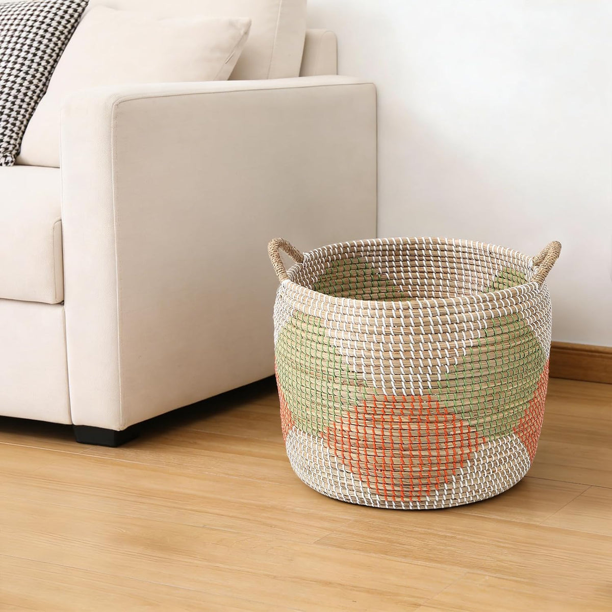 Seagrass Laundry Hamper Set with Lids, 4-Piece Handwoven Wicker Storage Baskets with Washable Liners, Includes 2 Large Hampers and 2 Shelf Bins for Bedroom Bathroom Laundry Room
