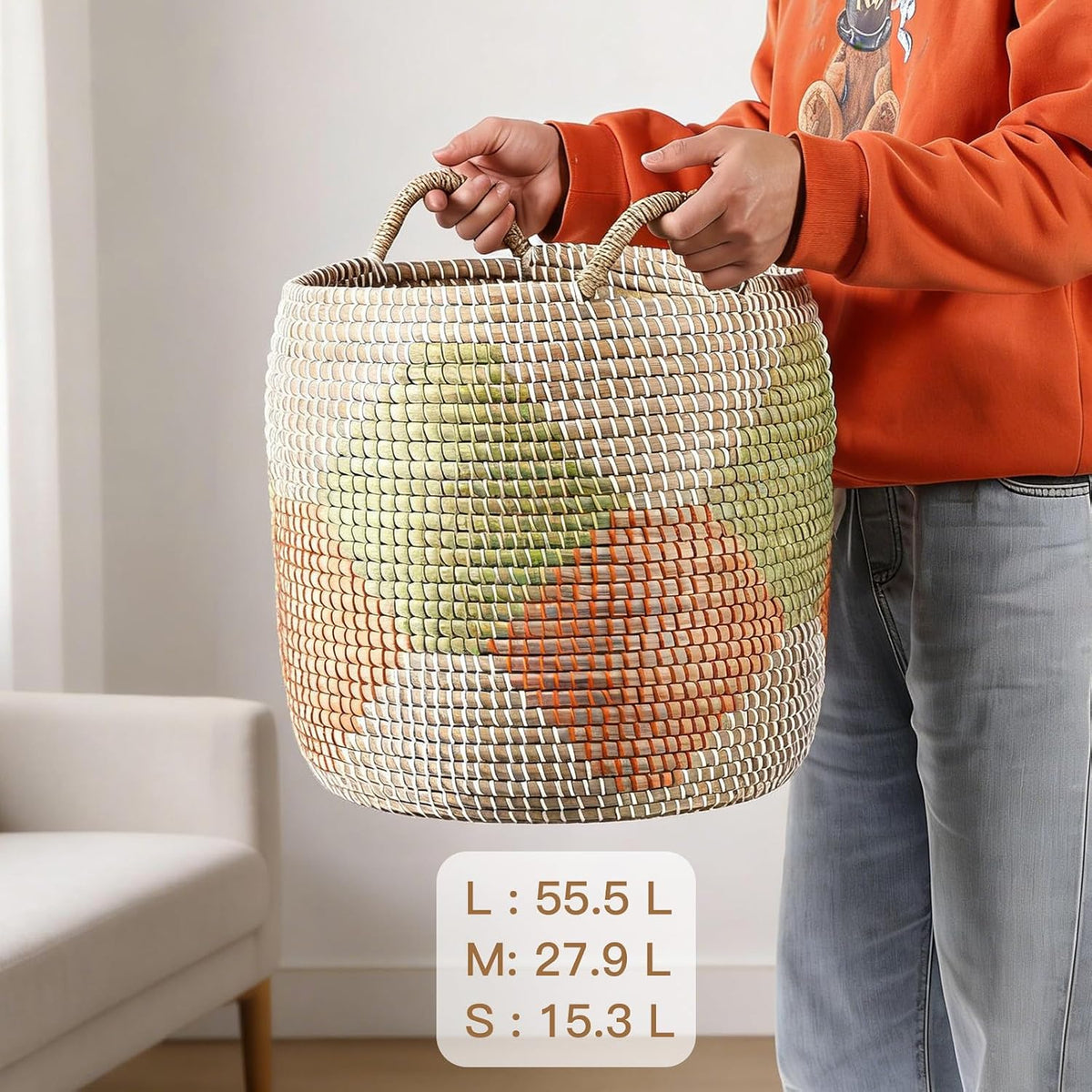 Seagrass Laundry Hamper Set with Lids, 4-Piece Handwoven Wicker Storage Baskets with Washable Liners, Includes 2 Large Hampers and 2 Shelf Bins for Bedroom Bathroom Laundry Room