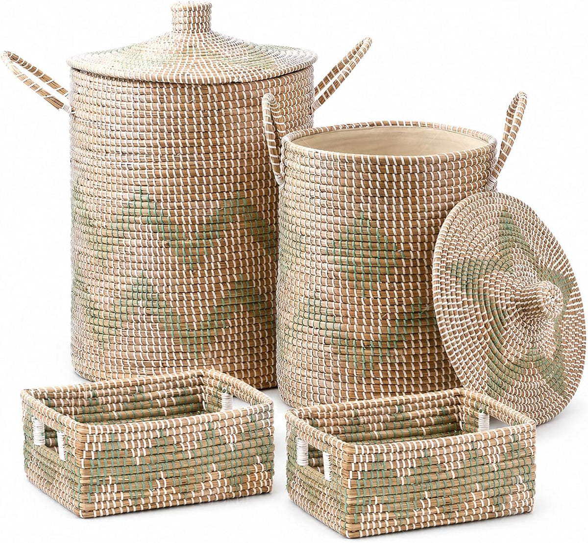 Seagrass Laundry Hamper Set with Lids, 4-Piece Handwoven Wicker Storage Baskets with Washable Liners, Includes 2 Large Hampers and 2 Shelf Bins for Bedroom Bathroom Laundry Room