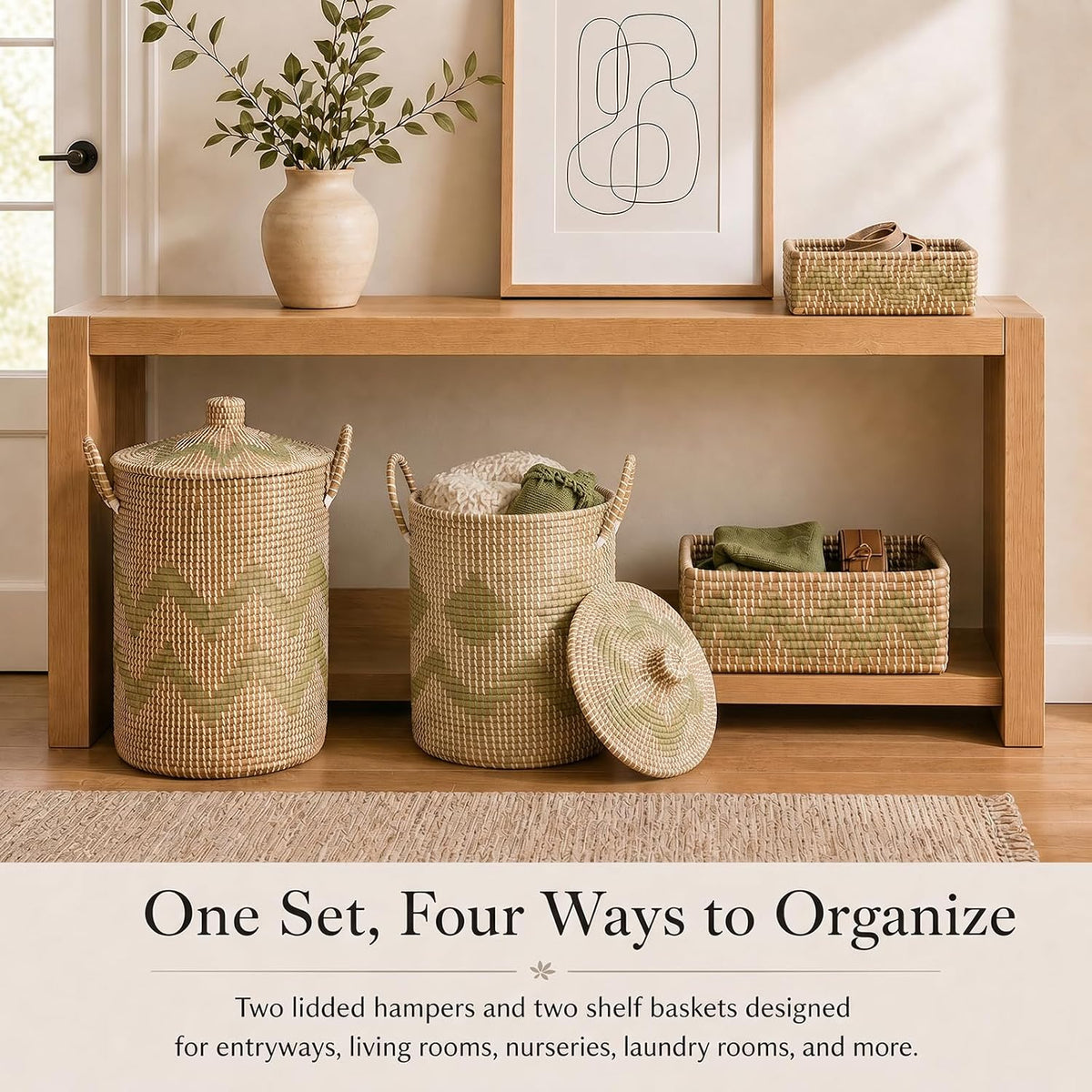 Seagrass Laundry Hamper Set with Lids, 4-Piece Handwoven Wicker Storage Baskets with Washable Liners, Includes 2 Large Hampers and 2 Shelf Bins for Bedroom Bathroom Laundry Room
