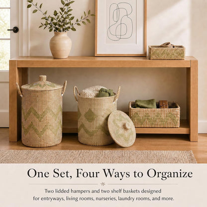 Seagrass Laundry Hamper Set with Lids, 4-Piece Handwoven Wicker Storage Baskets with Washable Liners, Includes 2 Large Hampers and 2 Shelf Bins for Bedroom Bathroom Laundry Room