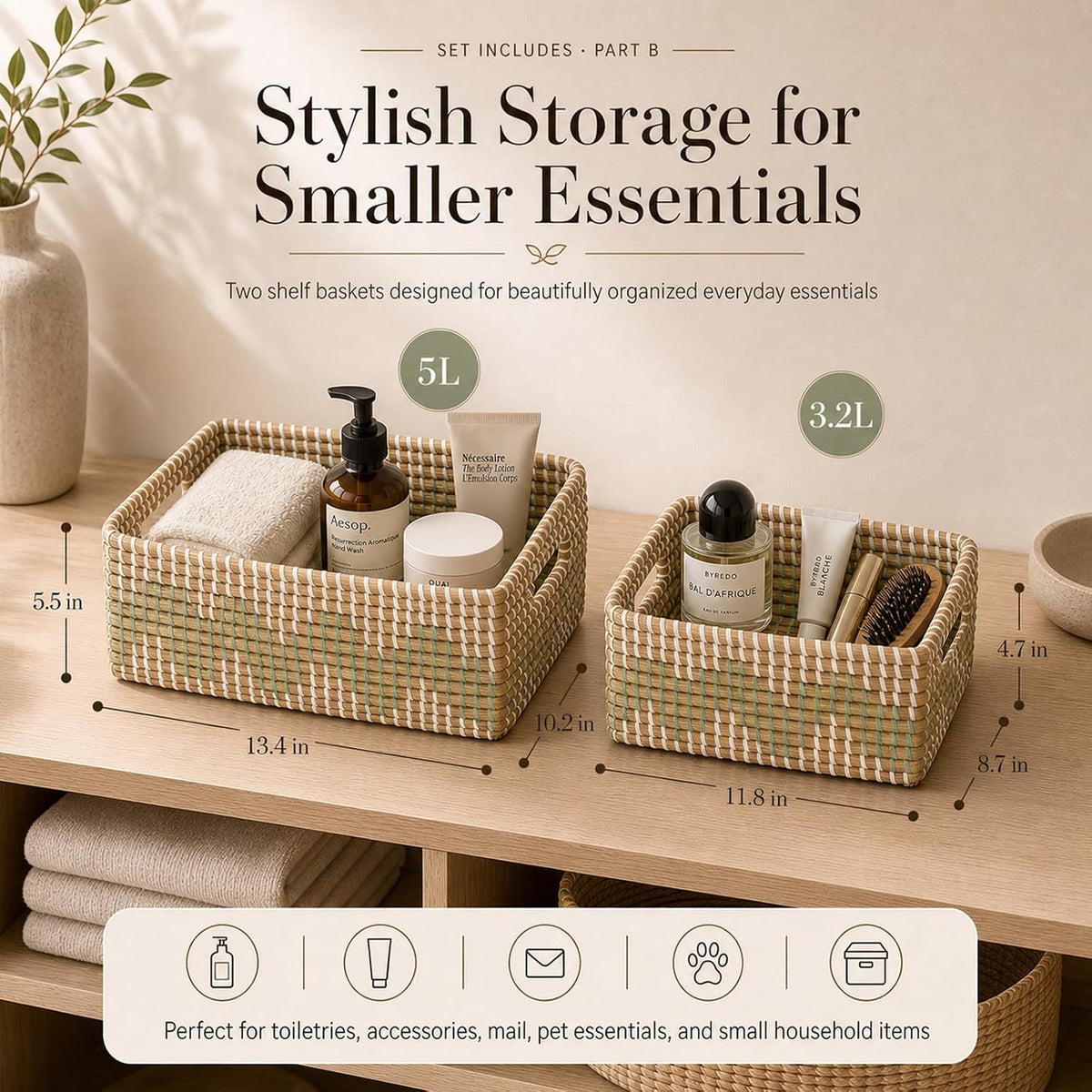 Seagrass Laundry Hamper Set with Lids, 4-Piece Handwoven Wicker Storage Baskets with Washable Liners, Includes 2 Large Hampers and 2 Shelf Bins for Bedroom Bathroom Laundry Room