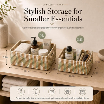 Seagrass Laundry Hamper Set with Lids, 4-Piece Handwoven Wicker Storage Baskets with Washable Liners, Includes 2 Large Hampers and 2 Shelf Bins for Bedroom Bathroom Laundry Room