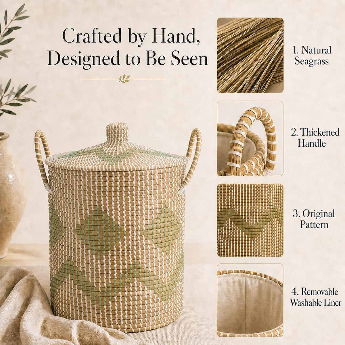 Seagrass Laundry Hamper Set with Lids, 4-Piece Handwoven Wicker Storage Baskets with Washable Liners, Includes 2 Large Hampers and 2 Shelf Bins for Bedroom Bathroom Laundry Room