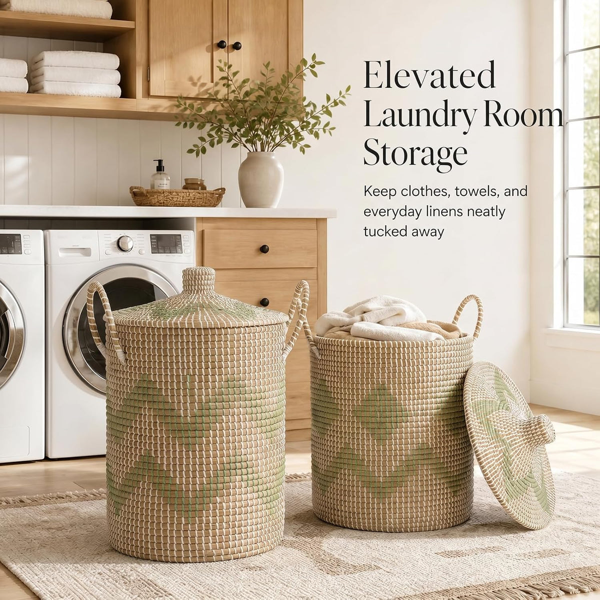 Seagrass Laundry Hamper Set with Lids, 4-Piece Handwoven Wicker Storage Baskets with Washable Liners, Includes 2 Large Hampers and 2 Shelf Bins for Bedroom Bathroom Laundry Room