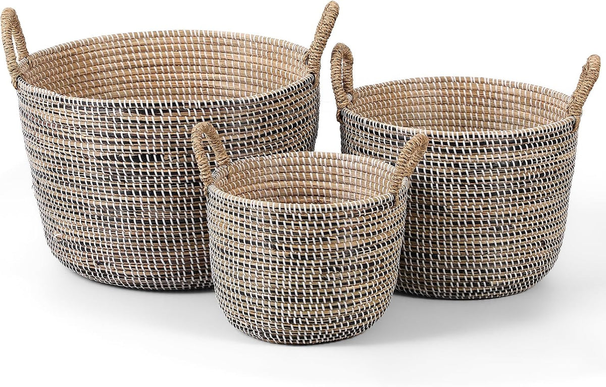 Seagrass Laundry Hamper Set with Lids, 4-Piece Handwoven Wicker Storage Baskets with Washable Liners, Includes 2 Large Hampers and 2 Shelf Bins for Bedroom Bathroom Laundry Room