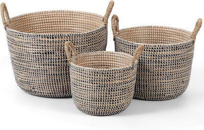 Seagrass Laundry Hamper Set with Lids, 4-Piece Handwoven Wicker Storage Baskets with Washable Liners, Includes 2 Large Hampers and 2 Shelf Bins for Bedroom Bathroom Laundry Room