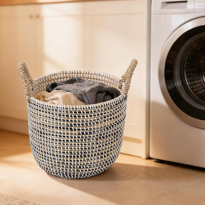 Seagrass Laundry Hamper Set with Lids, 4-Piece Handwoven Wicker Storage Baskets with Washable Liners, Includes 2 Large Hampers and 2 Shelf Bins for Bedroom Bathroom Laundry Room