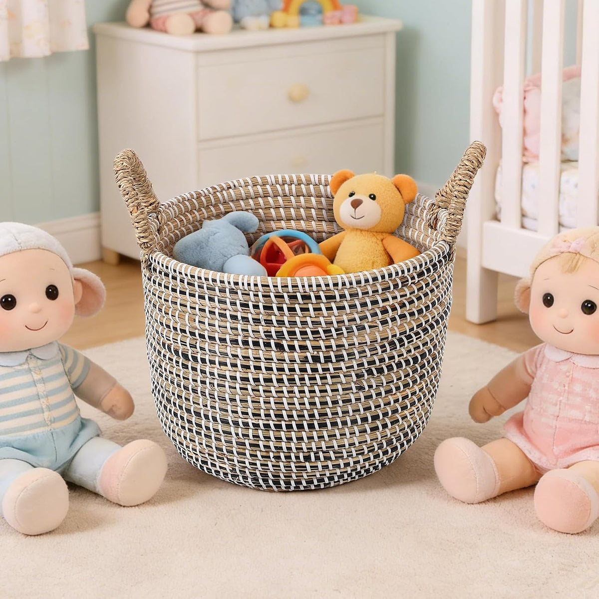 Seagrass Laundry Hamper Set with Lids, 4-Piece Handwoven Wicker Storage Baskets with Washable Liners, Includes 2 Large Hampers and 2 Shelf Bins for Bedroom Bathroom Laundry Room