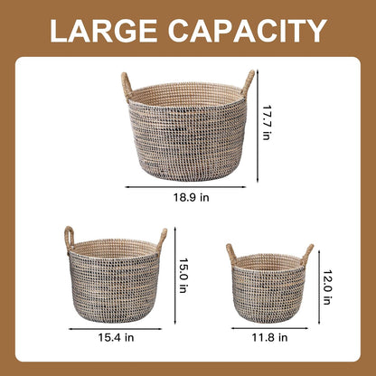 Seagrass Laundry Hamper Set with Lids, 4-Piece Handwoven Wicker Storage Baskets with Washable Liners, Includes 2 Large Hampers and 2 Shelf Bins for Bedroom Bathroom Laundry Room