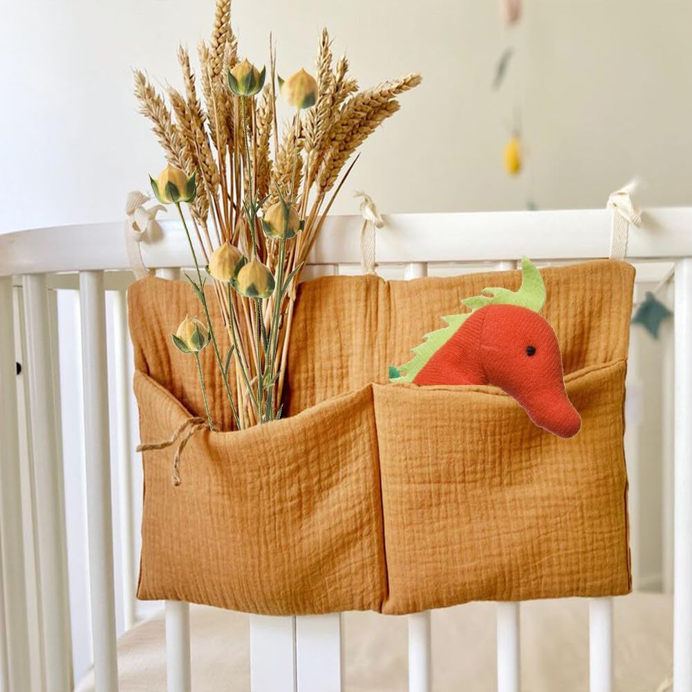 Baby Crib Pocket with Straps Hanging Baby Diaper Caddy Organizer, Diaper Stacker Classified Storage Bag Organizer for Nursery Diapers Wipes Baby Essentials (Light Beige)