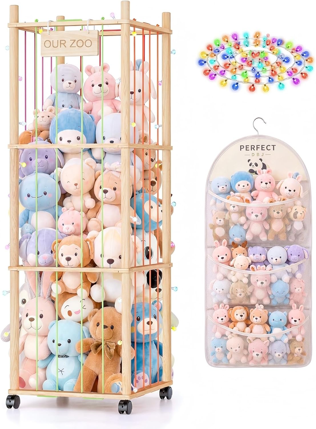 Wooden Stuffed Animal Storage Tower with Wheels, Plushies Toy Holder with Lights and Pockets for Playrooms & Bedrooms