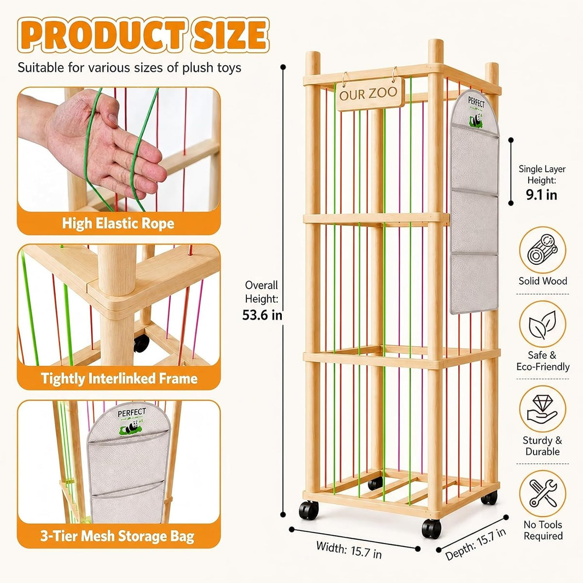 Wooden Stuffed Animal Storage Tower with Wheels, Plushies Toy Holder with Lights and Pockets for Playrooms & Bedrooms
