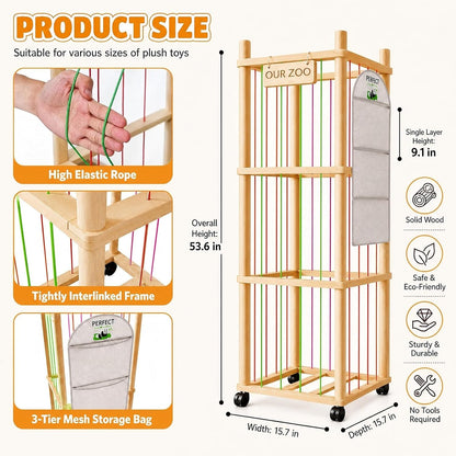 Wooden Stuffed Animal Storage Tower with Wheels, Plushies Toy Holder with Lights and Pockets for Playrooms & Bedrooms