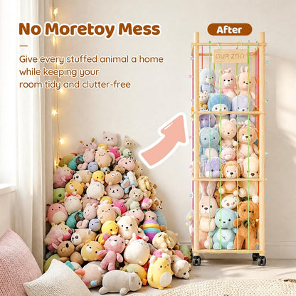 Wooden Stuffed Animal Storage Tower with Wheels, Plushies Toy Holder with Lights and Pockets for Playrooms & Bedrooms