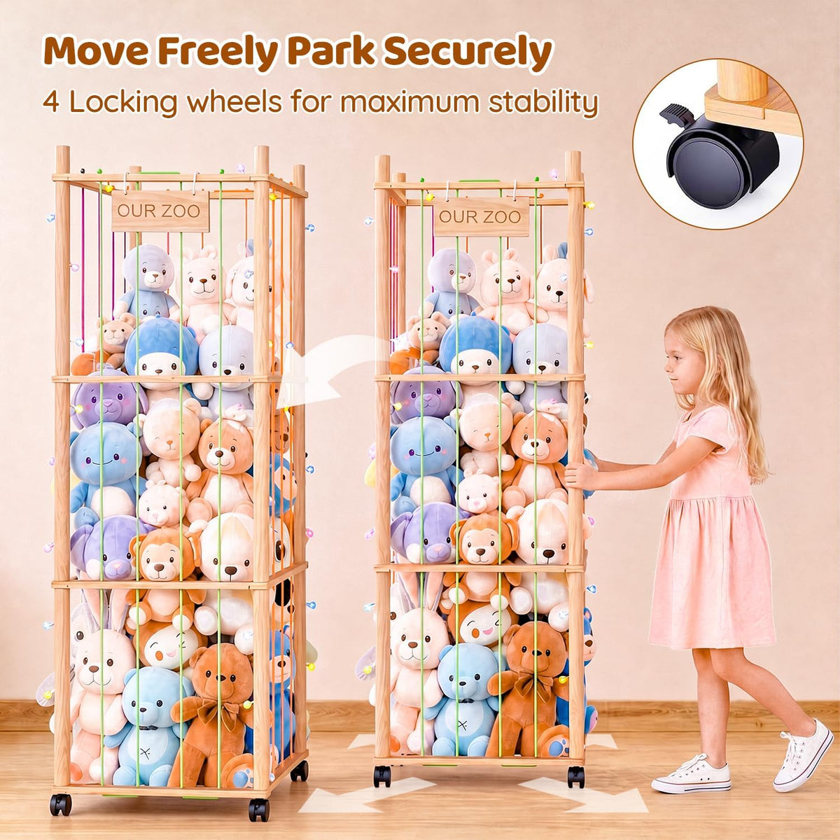 Wooden Stuffed Animal Storage Tower with Wheels, Plushies Toy Holder with Lights and Pockets for Playrooms & Bedrooms