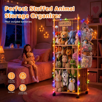 Wooden Stuffed Animal Storage Tower with Wheels, Plushies Toy Holder with Lights and Pockets for Playrooms & Bedrooms