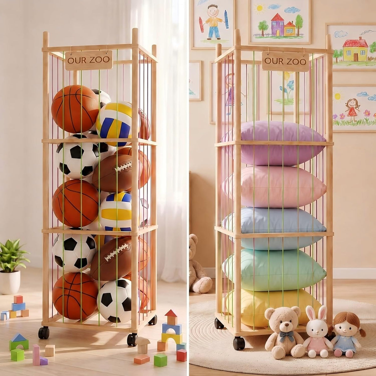 Wooden Stuffed Animal Storage Tower with Wheels, Plushies Toy Holder with Lights and Pockets for Playrooms & Bedrooms