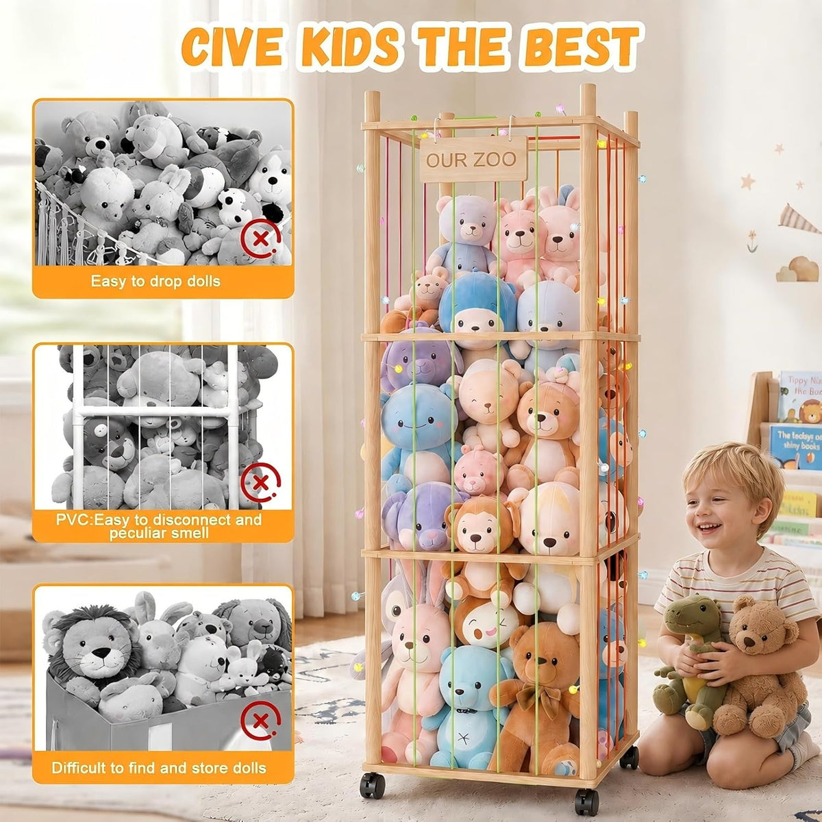 Wooden Stuffed Animal Storage Tower with Wheels, Plushies Toy Holder with Lights and Pockets for Playrooms & Bedrooms
