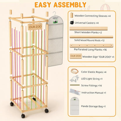 Wooden Stuffed Animal Storage Tower with Wheels, Plushies Toy Holder with Lights and Pockets for Playrooms & Bedrooms