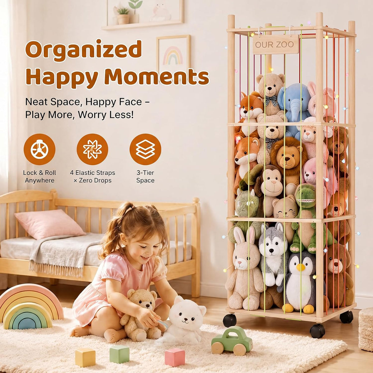 Wooden Stuffed Animal Storage Tower with Wheels, Plushies Toy Holder with Lights and Pockets for Playrooms & Bedrooms