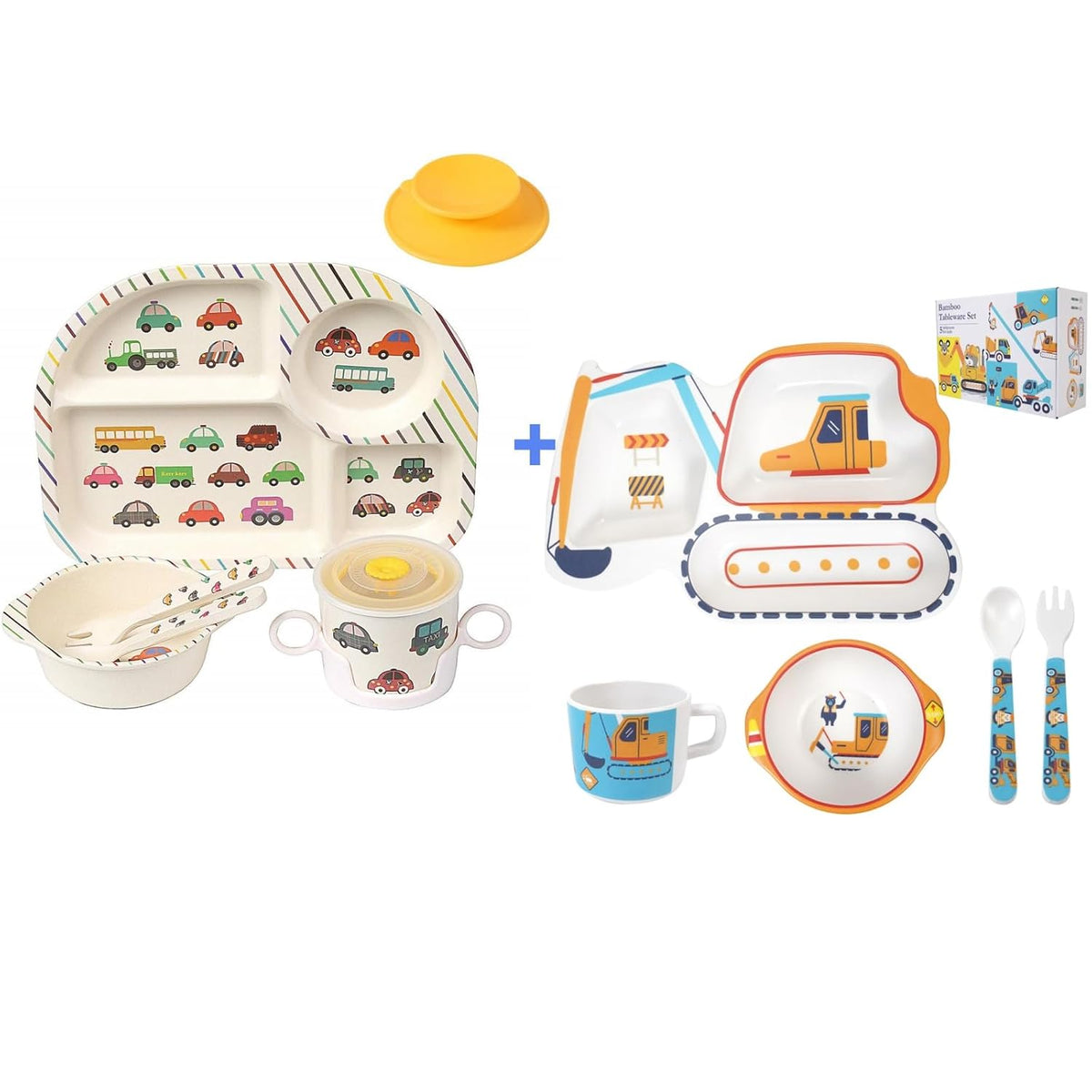 7Pcs+5Pcs Bamboo Toddler Baby Plates and Bowls Set, Kids Plates Dinnerware Set, Toddler Dinnerware Plate Set, Kids Dishes Baby Feeding Set Include Divided Plate, Bowl,Tumbler and Utensils