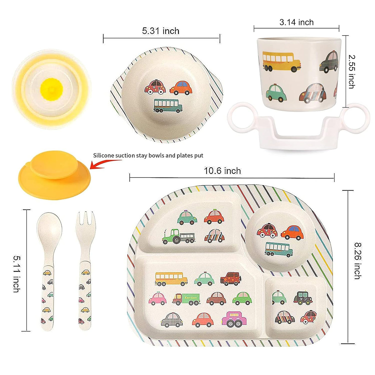 7Pcs+5Pcs Bamboo Toddler Baby Plates and Bowls Set, Kids Plates Dinnerware Set, Toddler Dinnerware Plate Set, Kids Dishes Baby Feeding Set Include Divided Plate, Bowl,Tumbler and Utensils