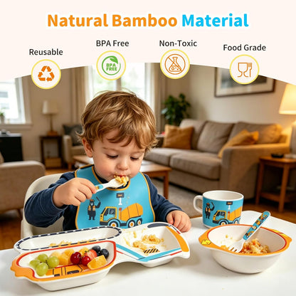 7Pcs+5Pcs Bamboo Toddler Baby Plates and Bowls Set, Kids Plates Dinnerware Set, Toddler Dinnerware Plate Set, Kids Dishes Baby Feeding Set Include Divided Plate, Bowl,Tumbler and Utensils