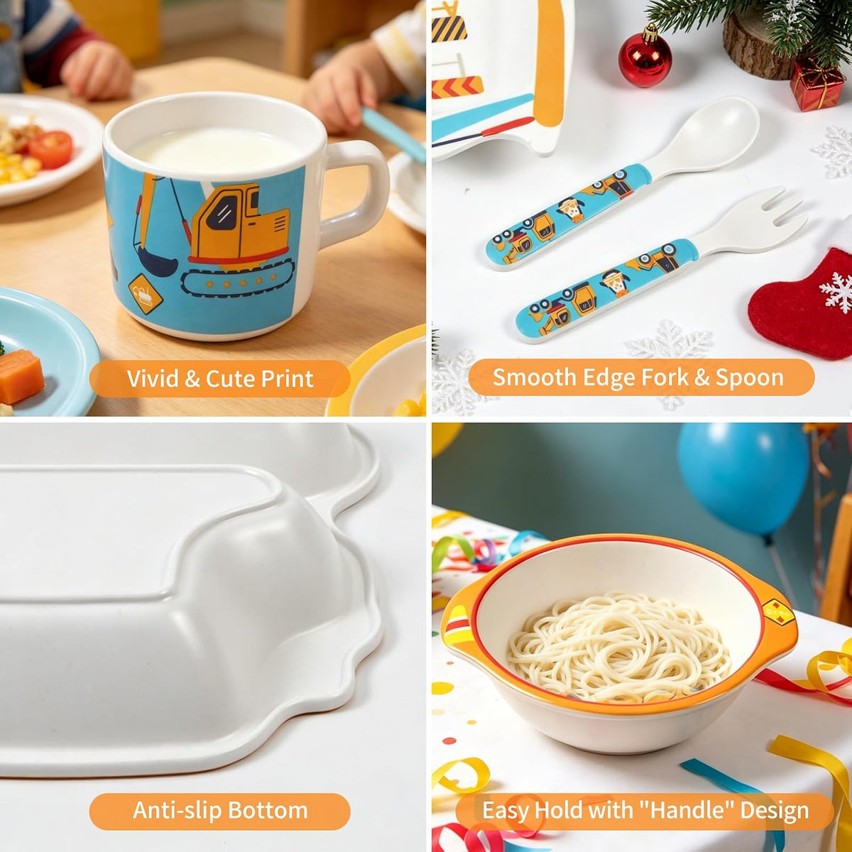7Pcs+5Pcs Bamboo Toddler Baby Plates and Bowls Set, Kids Plates Dinnerware Set, Toddler Dinnerware Plate Set, Kids Dishes Baby Feeding Set Include Divided Plate, Bowl,Tumbler and Utensils